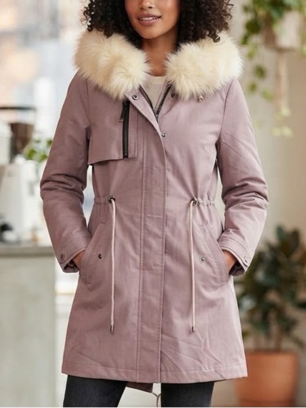 Women's Purple Parka Coat with Fox Fur Hood and Rex Rabbit Fur Lining